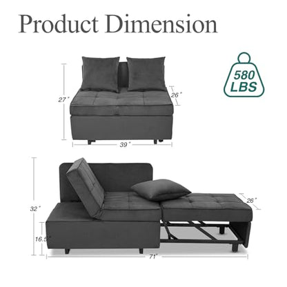 Convertible Sofa Bed 4-in-1 Pull Out Couch, Ottoman Bed Sleeper, Dark Grey | Velvet Love seat Couch Sleeper Chair Bed with USB Ports, 5 Adjustable Backrest and Pillow for Living Room Apartment Office - color: Grey
