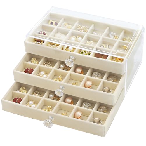 SPAKOWN Earring Box Holder Organizer Display Case | Clear Velvet Jewelry Storage Tray Organizer for Earring Ring Stud (Beige - 3 Drawers) - color: Beige, size: 3 Drawers