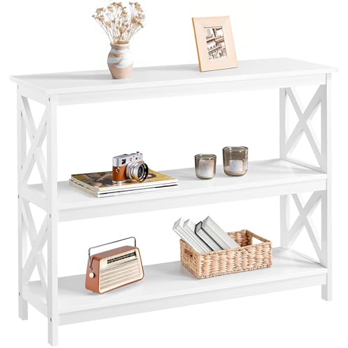 Yaheetech 42"L White Console Table 3-Tier Narrow X-Frame Open Storage Shelf | Sofa Table for Entryway, Hallway and Living Room, Slim 14" Depth, Powder-Coated MDF, 88 lb Top Load, Easy Assembly - color: White