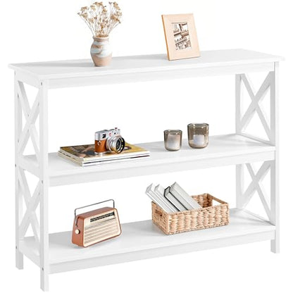 Yaheetech 42"L White Console Table 3-Tier Narrow X-Frame Open Storage Shelf | Sofa Table for Entryway, Hallway and Living Room, Slim 14" Depth, Powder-Coated MDF, 88 lb Top Load, Easy Assembly - color: White