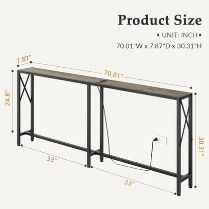 Gewudraw 70" Sofa Table Behind Couch with Socket-Narrow Console Table | Industrial Style, Long Skinny Design,Couch Table For Hallway,Living Room,Bedroom, Built-In Power Outlets & USB, 172cm Length - color: Light Grapefruit, size: 70 in
