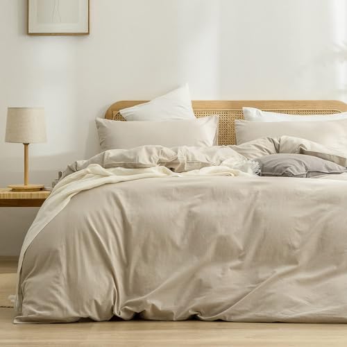 BESTOUCH Cotton Solid Duvet Cover Set Almond Milk Grey Oversized Full | 100% Washed Cotton, Soft Wrinkle Texture, Hidden Zipper, 8 Ties, Breathable Lightweight Durable Comfy, 3 Pcs No Insert - color: Almond Milk Grey (No Comforter), size: Oversized Full (