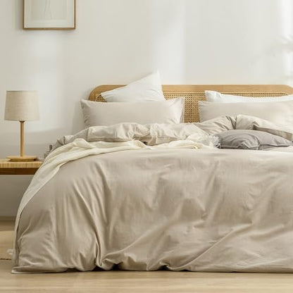 BESTOUCH Cotton Solid Duvet Cover Set Almond Milk Grey Oversized Full | 100% Washed Cotton, Soft Wrinkle Texture, Hidden Zipper, 8 Ties, Breathable Lightweight Durable Comfy, 3 Pcs No Insert - color: Almond Milk Grey (No Comforter), size: Oversized Full (