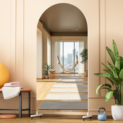 Hasipu 71" x 32" Arched Full Length Mirror on Wheels | HD tempered glass, sturdy aluminum frame, 4 smooth casters with locks, ideal for yoga, dance studio, bedroom & home gym. - size: 70.87"L x 31.5"W