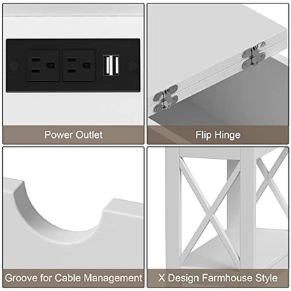 ChooChoo End Tables Living Room Set of 2, Side Table with Charging Station | Narrow Flip Top Side Table, Nightstand Sofa Table for Living Room, Bedroom, White - color: White