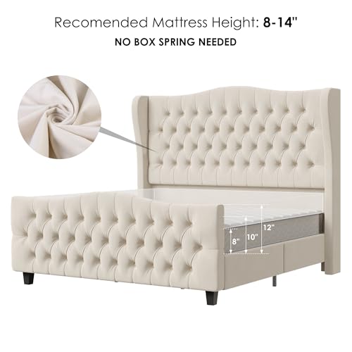 Full Size 54.3" Tall Bed Frame with Wingback Headboard & Footboard | Velvet Upholstered Platform Bed with Deep Button Tufted & Handmade Pleats, No Box Spring Needed, Easy Assembly, Beige/Cream - size: Full