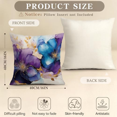 OBSEDE Decorative Throw Pillow Covers Set of 4, 16x16 Inch Purple and Blue Abstract Floral Watercolor Pillow Cases with Gold Accents for Couch Sofa Bedroom, Modern Artistic Home Decor - color: Gilded Ink Bloom, size: 16" x 16" (Pack of 4)