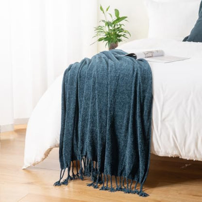 BATTILO HOME Navy Blue Chenille Throw Blanket for Couch, Soft Cozy Textured Knit Throw Blanket with Handmade Fringe Tassels, Lightweight Decorative Farmhouse Blanket for Sofa Bed Chair, 50"x60" | Soft Chenille Knit with Handmade Fringe Tassels, Lightweigh