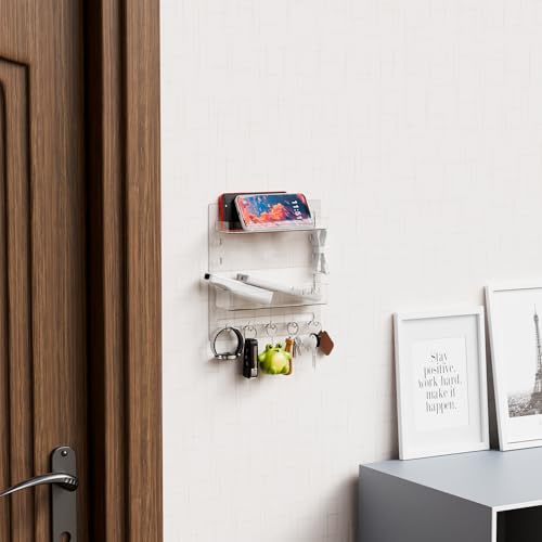Bedside Shelf for Dorm Bed,Rv,Small Room and Nightstand,Wall Mounted Floating Shelves and Bedside Wall Organizer for Remote,Phone Holder,Charging Shelf,Cute Bedroom Decor for College Girl,Clear