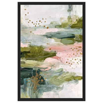 Framed Canvas Wall Art Abstract Green Pink Gold Art Print Modern Aesthetic Poster Paintings Pictures Wall Decor Trendy Artwork for Living Room Bedroom Office Apartment Decor (Framed,24W X36L) - size: 24W"X36L"