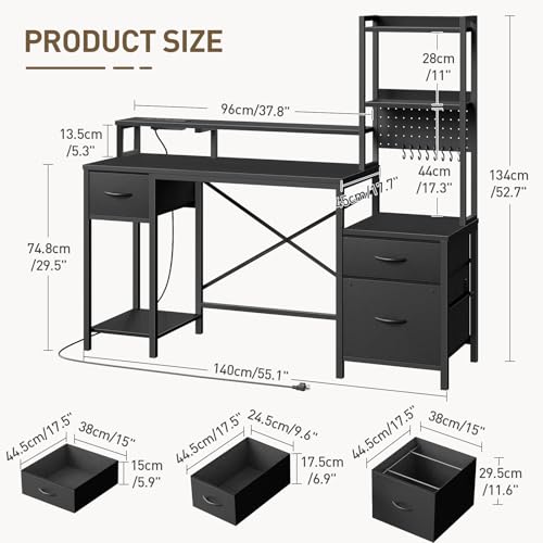 55" Gaming Desk with Power Outlet & LED Light, Computer Desk with Fabric Drawers, Storage Shelves & Monitor Stand, Industrial Gaming Table with Side Hook, Black