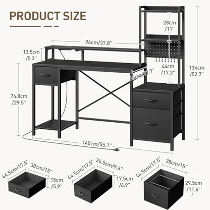 55" Gaming Desk with Power Outlet & LED Light, Computer Desk with Fabric Drawers, Storage Shelves & Monitor Stand, Industrial Gaming Table with Side Hook, Black