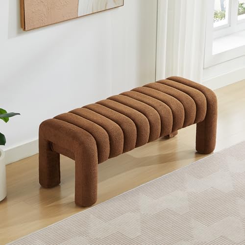 43.3" Bedroom Bench, Upholstered Brown Boucle Ottoman, Modern Tufted Dining Bench with Solid Wood Legs and Adjustable Foot Pegs for Entryway, Dining Room and Living Room (Rust Brown Boucle) - color: Rust Brown Boucle, size: 43.3"