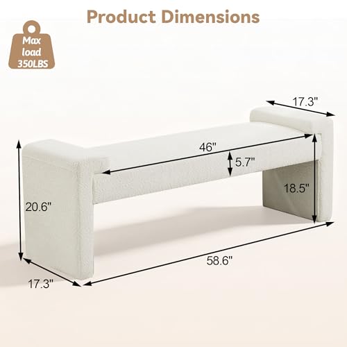 Upholstered Entryway Bench, 58.7" Modern Bedroom Bench, White | Sherpa Fleece, Curved Armrests, Solid Wood Frame, End of Bed, Bedroom, Living Room, Hallway - color: White-sherpa, size: 58.7"