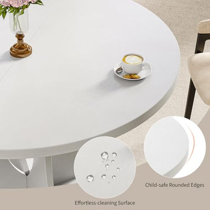 43-59" Expandable Round Dining Table, Kitchen Table with Hidden Storage | Space Saving White Modern Design, Solid Pedestal Base for Dining Room & Small Apartments, Wood Table, Easy Assembly