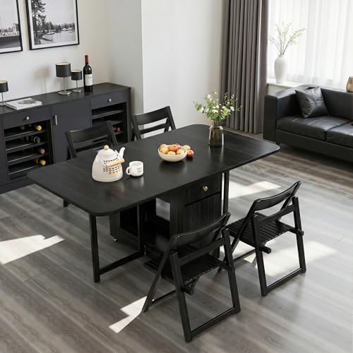 Drop Leaf Table and Chairs - 59" Fully Assembled Folding Dining Table 4-6 Seater with Storage and Lockable Wheels, Space-Saving Set with 8 Chairs for Kitchen or Dining Room (Black) - color: Black, size: 59.06″L Table & 8 Chairs
