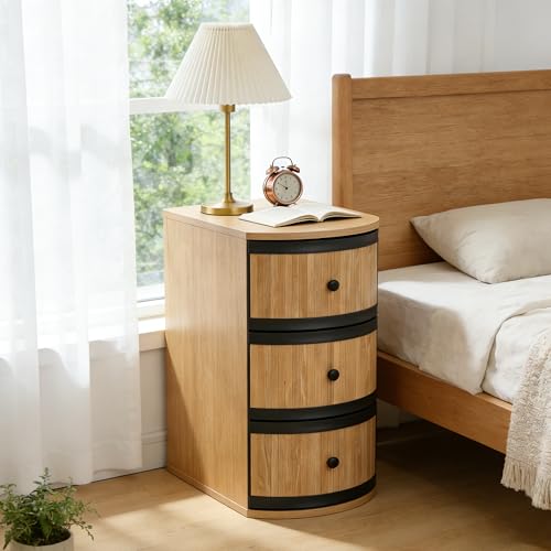 BERRYMERRY Narrow End Table with Charging Station, Modern Slim Nightstand Bedside Table with 3 Drawers for Bedroom Living Room, Natural Wood Grain, 11.81" W x 23.51" D x 23.62" H