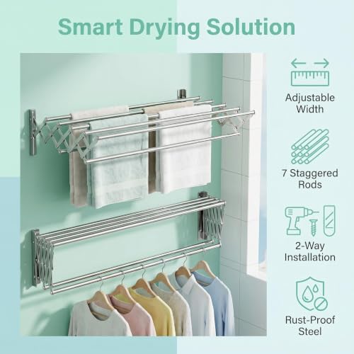 Wall Mount Drying Rack for Laundry Room, Retractable Stainless Steel Towel Bar, Collapsible Accordion Clothes Dryer, Space Saving Wall Mounted Laundry Rack for Bathroom, Balcony & RV