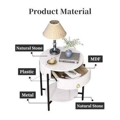 OIOG 2 Tier Nightstand, Bedside Table with Drawer, Sintered Stone/White | Round End Table, Modern Side Table, Drawer, Shelf, Metal Legs, Marbling Natural Stone, Living Room, Bedroom, Dorm, Office - color: White