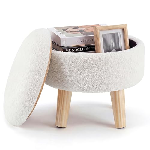 DUMOS Round Storage Ottoman with Reversible Tray Lid, Multi-Functional Footrest, Teddy Velvet Footstool with Wood Legs, Small Coffee Table for Living Room, Bedroom, Beige - color: Beige