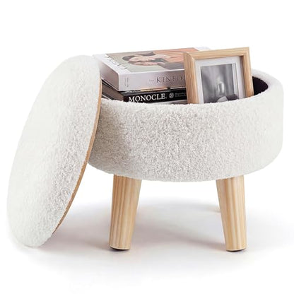 DUMOS Round Storage Ottoman with Reversible Tray Lid, Multi-Functional Footrest, Teddy Velvet Footstool with Wood Legs, Small Coffee Table for Living Room, Bedroom, Beige - color: Beige