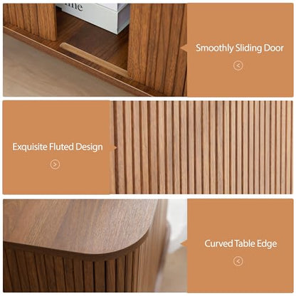 24" Modern End Table with Charging Station, Fluted Side Table,Walnut | Farmhouse Sofa Side Tables Living Room, Mid-Century Wood Nightstand with Sliding Tambour Door & Storage, Wooden End Table - color: Walnut