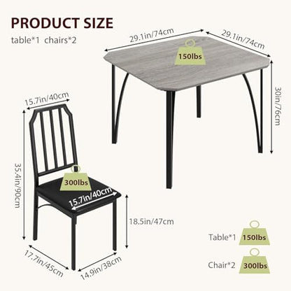 IDEALHOUSE Dining Table Set for 2, Kitchen Table Set of 2 with Upholstered Cushion Chairs, Dining Room Table Set with Kitchen Chairs, Easy to Assemble, Suitable for Apartment - (Gray) - size: 1* Table + 2* Chairs (Gray)
