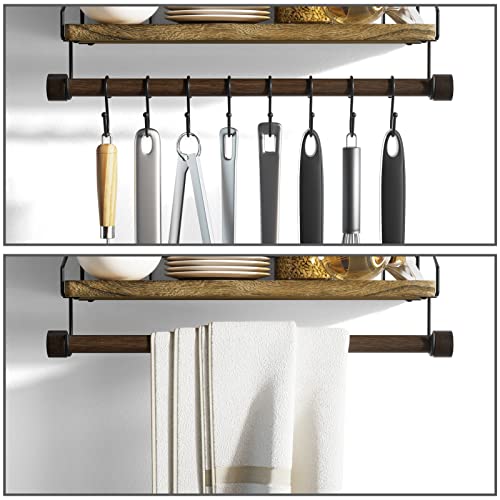 Alsonerbay Floating Shelf for Wall with Wooden Towel Bar, Carbonized Black | 8 removable hooks, rustic finish, space-saving, holds utensils & mugs, easy installation, kitchen & bathroom use - color: Carbonized Black