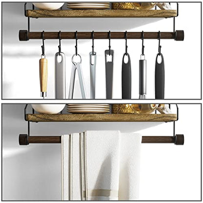 Alsonerbay Floating Shelf for Wall with Wooden Towel Bar, Carbonized Black | 8 removable hooks, rustic finish, space-saving, holds utensils & mugs, easy installation, kitchen & bathroom use - color: Carbonized Black