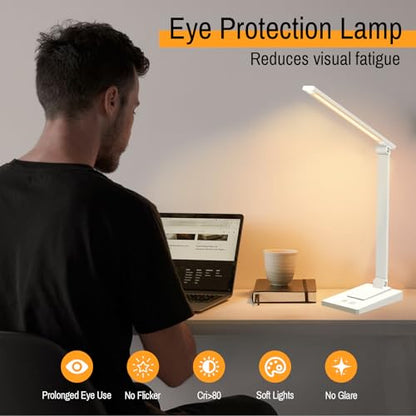 Rechargeable LED Desk Lamp, 5 Color Modes with 5 Brightness | 800LM 2600mAh Reading Table Lamp, Aluminum Bedside Lamp with USB Charging Port for Study Home Office, White - color: White