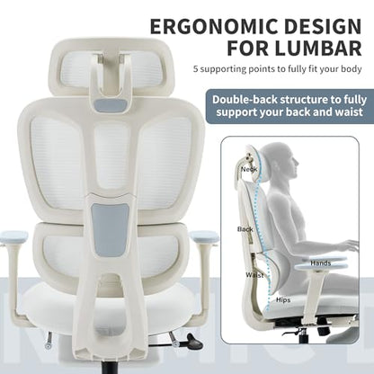 Ergonomic Office Chair with Footrest, 90-135° Reclining High Back Desk Chair with Lumbar Support, 2D Headrest, 2D Armrests, Computer Chair for Long Hours, Light Grey - color: Light Grey