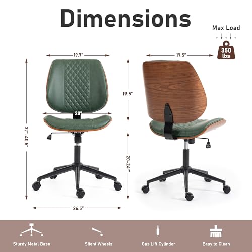 Modern Walnut Home Office Chair, Executive Desk Chair No Arms Green | with Wheels, Adjustable Height, Comfy PU, Deeper Cushion, Mid Back, 360 Swivel Computer Chair - color: Green