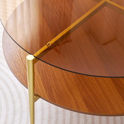 LumFurn Extra Large Round Coffee Table, Mid-Century Modern Design, D34 x H17 in, for Living Room, 2-Tier Structure, Amber Glass Top and Walnut MDF Shelf, Sleek Conical Metal Legs with Gold Finish - color: D34" Amber & Walnut