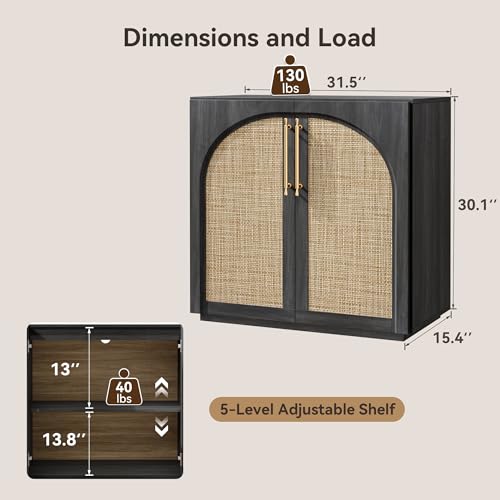 Buffet Cabinet with Rattan Doors, 94.5'' W Arched Sideboard | Modular Sideboard Storage Cabinet, Adjustable Shelves, Boho Credenza, For Kitchen, Coffee Bar, Living Room, Entryway, Black - color: Black-rattan Doors