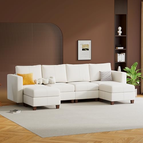 MINCETA Modular Sectional Sofa, Modern Comfy Sofa with Upholstered and Storage Ottoman for Living Room,Bedroom(White, 6 Seat U Shape) - color: White, size: 118.2"W*59.1"D U Shape