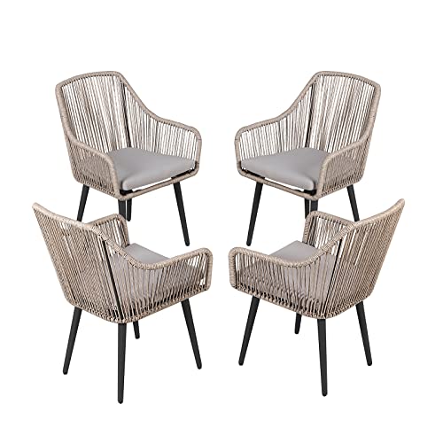 Outdoor Dining Chairs Set of 4, Rattan Patio Chairs with Armrest, Tan | All-Weather Woven Rattan & Iron Frame, w/Seat Cushions,350lb Weight Capacity, for Backyard, Poolside, Balcony, Indoor Kitchen - color: Tan, size: 4 Pcs-Dining Chairs