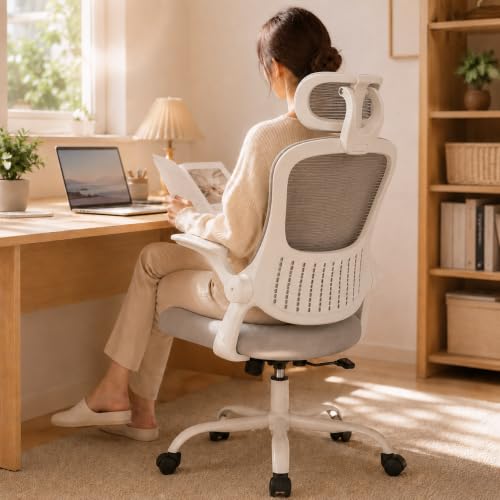 Grey Ergonomic Office Chair, High Back Mesh Desk Chair with Adjustable Headrest Lumbar Support, Computer Chairs with Flip-up Armrests and Thickened Cushion for Adults Home Office, 360° Swivel - color: Grey With Headrest