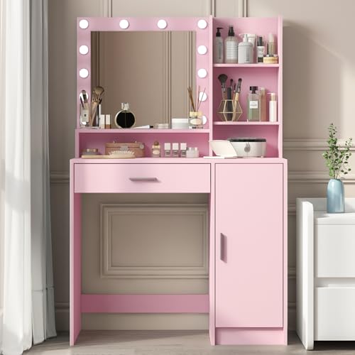Palimder Vanity Desk with Mirror & Light, Large Drawer Three Level Storage Dresser, 3 Lighting Modes Adjustable Brightness, Bedroom Dressing Table - color: Pink