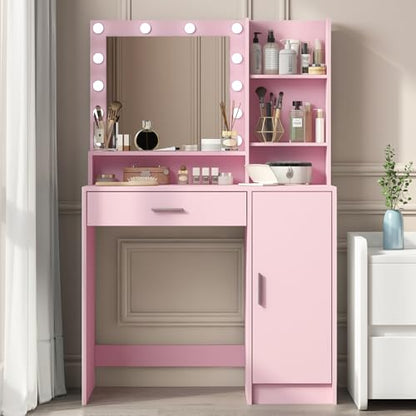 Palimder Vanity Desk with Mirror & Light, Large Drawer Three Level Storage Dresser, 3 Lighting Modes Adjustable Brightness, Bedroom Dressing Table - color: Pink