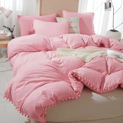 ETDIFFE Pink Boho Duvet Cover Set Queen Size, 3 Piece, 90x90 Inch | Bohemian Pompom Microfiber Bed Comforter Cover Set, Farmhouse Soft & Lightweight Bedding Quilt Cover - color: Pink, size: Queen (No Comforter)