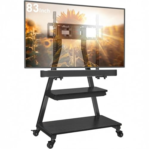 Perlegear Mobile TV Stand with Soundbar Mount, Rolling Floor TV Stand with Wheels for 43-83" TVs up to 132lbs, Mobile TV Cart with Storage Shelves, Tilt Swivel Corner TV Cart Max VESA 600x400mm