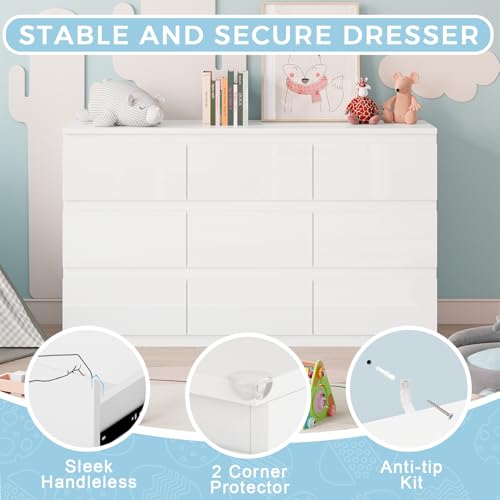 White 9 Drawer Dresser for Bedroom Wooden 55" Wide | Modern, Handle-Free, long, for Living Room, Entryway, TV Stand - size: 15.4"D x 33.9"W x 55.1"H (9 Drawers)