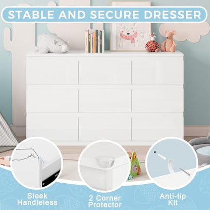 White 9 Drawer Dresser for Bedroom Wooden 55" Wide | Modern, Handle-Free, long, for Living Room, Entryway, TV Stand - size: 15.4"D x 33.9"W x 55.1"H (9 Drawers)