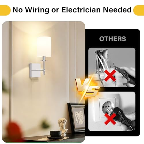 14 Inch Battery Operated Wall Sconces Set of 2 with Remote, Brushed Nickel Rechargeable Wireless Wall Lights with White Fabric Shade, Cordless Wall Lamps with Dimmable Detachable Bulbs for Bedroom - color: Brushed Nickel and White, size: 14.5 inch