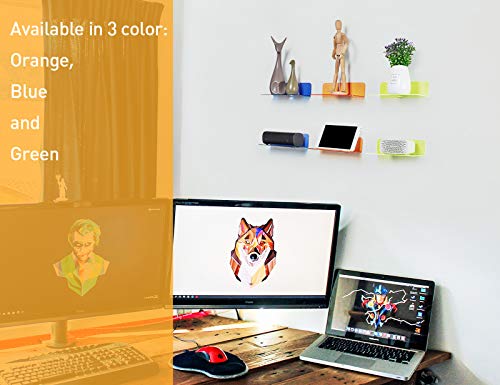 OAPRIRE Small Acrylic Floating Wall Shelves Set of 2, Flexible Use of Wall Space, 9 Inch Adhesive Display Shelf for Security Cameras/Smart Speaker/Action Figures, with Cable Clips - Clear Orange | Strong Tape Adhesive Wall Shelf, Easy Installation, Hole D
