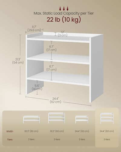 VASAGLE Shoe Rack for Closet, Stackable Organizer Shelf | Stackable Shoe Organizer Shelf for Entryway, 3 Tiers, 11.7 x 24.4 x 21.3 Inches, White, CUSTOS Collection, ULBS063WZ01S - size: 3 Tiers (24.4"W)