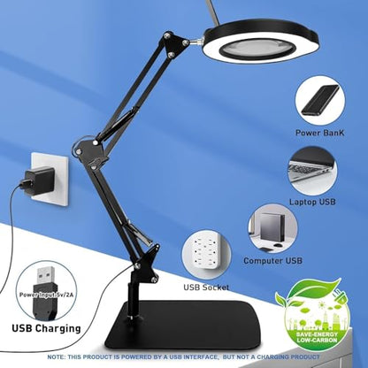15X Magnifying Glass with Light & Stand,Real Glass,RTM Safety Protection,5 Colors Stepless Dimmable Eye-Caring LED,2-in-1 Hands-Free Desk & Clip-On Magnifier for Reading Crafts Painting & Repair