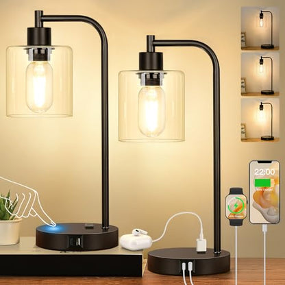 Set of 2 Industrial Touch Control Table Lamps with USB C+A Ports and AC Outlet - 3-Way Dimmable Black Bedside Lamps Nightstand Desk Lamps for Bedroom Living Room, Glass Shade & 2 LED Bulbs Included - color: Black(2 pack) - Clear Glass-Touch Control