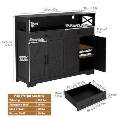 Lahomie 47" Sideboard Buffet Storage Cabinet, Coffee Bar Cabinet,Dark Brown | Coffee Bar Station with Power Outlet, Farmhouse Sideboard with 2 Drawers Adjustable Shelves Open Shelf, Kitchen, Living Room - color: Dark Brown, size: 47"W