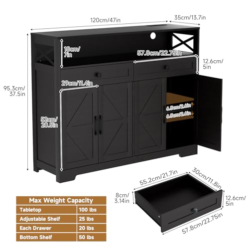 Lahomie 47" Sideboard Buffet Storage Cabinet, Coffee Bar Cabinet,Dark Brown | Coffee Bar Station with Power Outlet, Farmhouse Sideboard with 2 Drawers Adjustable Shelves Open Shelf, Kitchen, Living Room - color: Dark Brown, size: 47"W